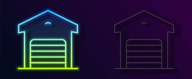 Parlayan neon hattı Depo simgesi siyah arka planda izole edildi. Vektör