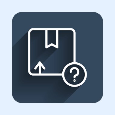 Beyaz çizgi karton kutu simgesi uzun gölge arkaplan izole. Kutu, paket, paket işareti. Teslimat ve ambalaj. Mavi kare düğme. Vektör