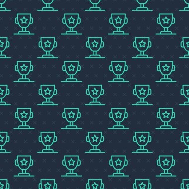 Yeşil çizgi ödüllü kupa ikonu mavi arkaplandaki kusursuz deseni izole etti. Galibiyet ödülü sembolü. Şampiyonluk ya da yarışma kupası. Spor başarısı işareti. Vektör