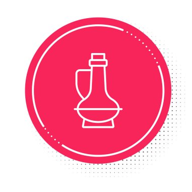 Beyaz arka planda izole edilmiş beyaz çizgi zeytinyağı ikonu. Zeytinyağı ikonlu sürahi. Kırmızı daire düğmesi. Vektör