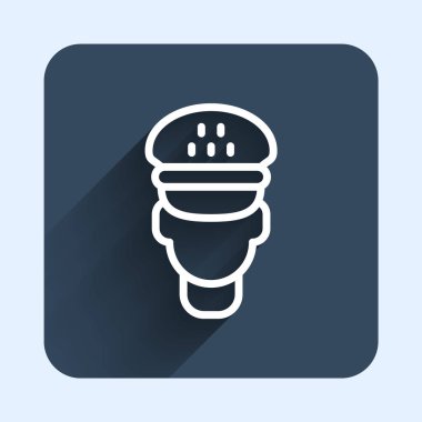 Beyaz çizgi taksi sürücüsü simgesi uzun gölge arkaplanı ile izole edildi. Mavi kare düğme. Vektör