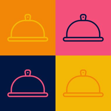 Popüler sanat çizgisi, arka planda izole edilmiş bir tepsi yemek ikonu ile kaplıdır. Tepsi ve kapak işareti. Kapaklı bir restoran saati. Vektör