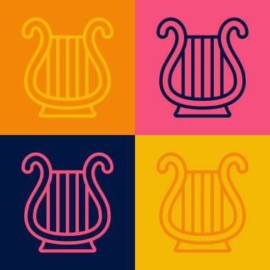 Pop sanat çizgisi Antik Yunan lir ikonu renk arkaplanında izole edilmiş. Klasik müzik enstrümanı, orkestra akustik elementi. Vektör