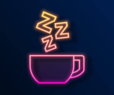 Parlayan neon hattı, siyah arkaplanda izole edilmiş papatya çayı ikonu. Papatya çiçeğinden faydalı bir tedavi içeceği. Vektör