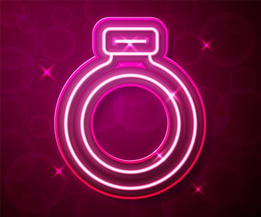 Parlak neon hattı fantezi taşı yüzük kırmızı arka planda izole mücevher ikonu. Vektör