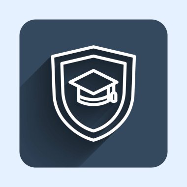 Beyaz çizgi mezuniyet şapkası ve uzun gölge arkaplan izole edilmiş kalkan simgesi. Sigorta konsepti. Güvenlik, güvenlik, koruma, konsept koruma. Mavi kare düğme. Vektör