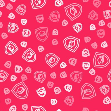 Beyaz çizgi mezuniyet şapkası ve kalkan simgesi kırmızı arka planda izole edilmiş pürüzsüz desen. Sigorta konsepti. Güvenlik, güvenlik, koruma, konsept koruma. Vektör