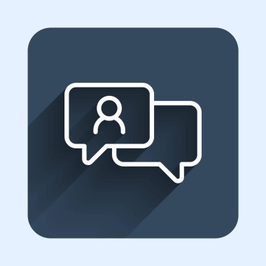 Beyaz çizgi konuşma balonu sohbet simgesi uzun gölge arkaplan izole. İleti simgesi. İletişim ya da yorum sohbet sembolü. Mavi kare düğme. Vektör