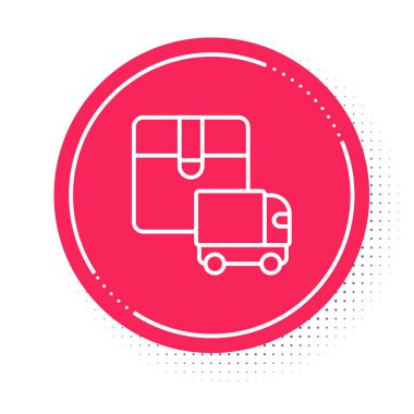 Beyaz çizgi kargo kamyonu ikonu beyaz arka planda izole edildi. Kırmızı daire düğmesi. Vektör