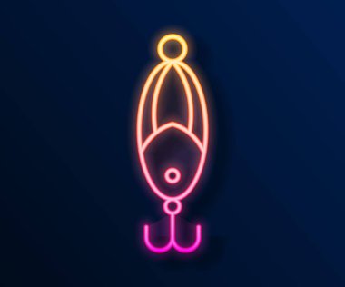 Parlayan neon hattı. Balıkçı yemi simgesi siyah arkaplanda izole edildi. Balık oltası. Vektör