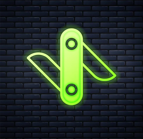 Glowing Neon Swiss Army Knife Icon Isolated Brick Wall Background — Stock Vector