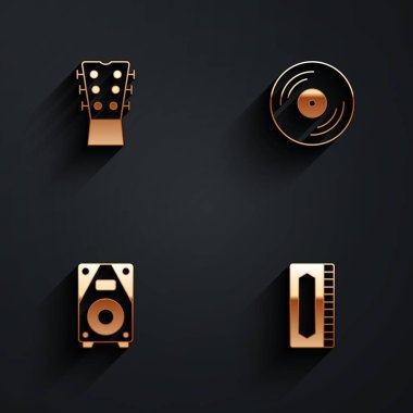 Guitar neck, Vinil disk, Stereo hoparlörü ve uzun gölgeli mızıka simgesini ayarla. Vektör