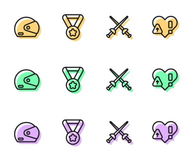 Çizgi eskrim, yarış kaskı, madalya ve kalp atış hızı ikonu. Vektör