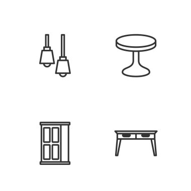 Ofis masası, gardırop, lamba asma ve yuvarlak masa ikonu. Vektör