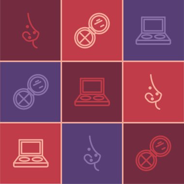 Sivilce, fırça ve makyaj tozu ayna ikonuyla göz farı paleti ayarla. Vektör