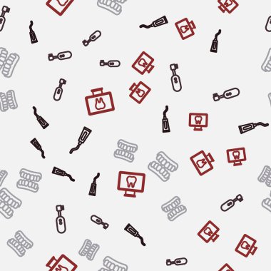 Diş macunu tüpünü, elektrikli diş fırçasını, takma diş modelini ve çevrimiçi diş bakımını kusursuz desene ayarla. Vektör