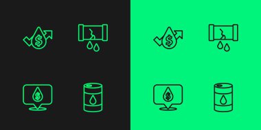 Varil yağı, dolar sembollü yağ düşüşü, fiyat artışı ve kırık boru kapakçığı ikonu. Vektör