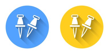 Beyaz İtiş iğne simgesi uzun gölge arkaplan izole. Raptiye işareti. Çember düğmesi. Vektör