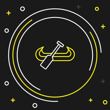 Kano ve kürek simgesi siyah arkaplanda izole edildi. Balıkçılık ve turizm için kano. Açık hava aktiviteleri. Renkli taslak konsepti. Vektör