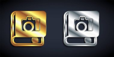 Altın ve gümüş fotoğraf albümü galerisi simgesi siyah arkaplanda izole edildi. Uzun gölge tarzı. Vektör