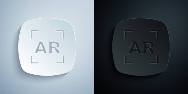 Kağıt kesiği Artırılmış gerçeklik AR simgesi gri ve siyah arkaplanda izole edilmiş. Sanal geleceksel giyilebilir cihazlar. Kağıt sanatı tarzı. Vektör