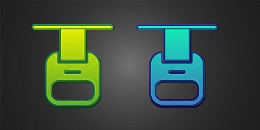 Siyah arkaplanda yeşil ve mavi renkli bir araba simgesi var. Füniküler işaret. Vektör