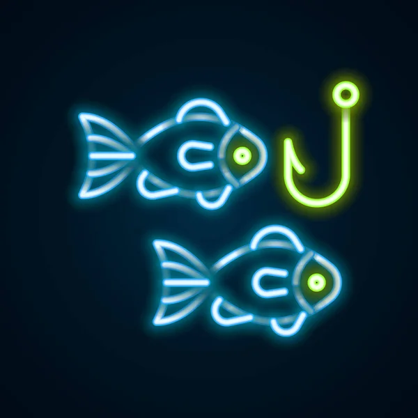 Ligne Lumineuse Néon Crochet Pêche Sous Eau Avec Icône Poisson — Image vectorielle