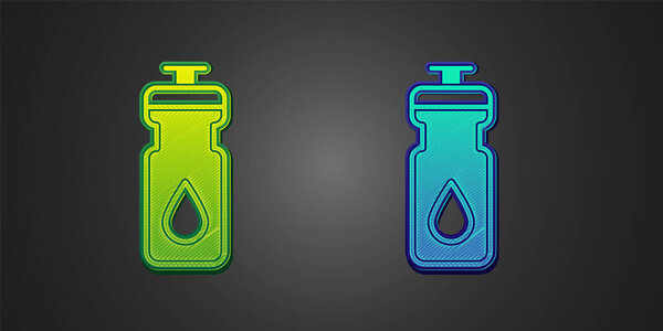 Green and blue Fitness shaker icon isolated on black background. Sports shaker bottle with lid for water and protein cocktails.  Vector
