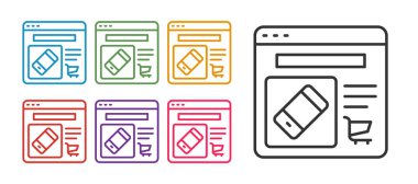 Beyaz arkaplanda izole edilmiş ekran simgesinden Online alışveriş satışı ayarla. Konsept e-ticaret, e-ticaret, online iş pazarlama. Simgeleri renklendirin. Vektör
