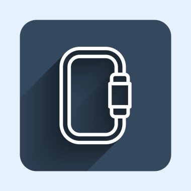 Beyaz çizgi karabina simgesi uzun gölge arkaplanı ile izole edildi. Olağanüstü bir spor. Spor malzemeleri. Mavi kare düğme. Vektör