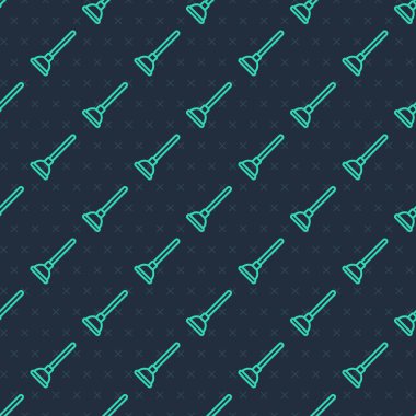 Boru temizleme ikonu için ahşap saplı yeşil çizgi kauçuk pompası mavi arka planda izole edilmiş pürüzsüz desen. Tuvalet pompası. Vektör