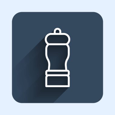 Beyaz çizgi Pepper simgesi uzun gölge arkaplanı ile izole edildi. Yemek pişirme baharatları. Mavi kare düğme. Vektör