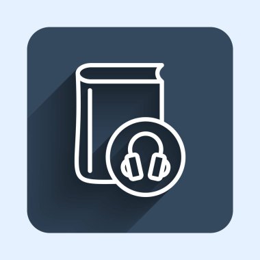 Beyaz çizgi Ses kitabı simgesi uzun gölge arkaplanı ile izole edildi. Kulaklıklı kitap. Ses rehberi işareti. Çevrimiçi öğrenme kavramı. Mavi kare düğme. Vektör