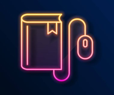 Fare simgesinin siyah arkaplanda izole edildiği parlak neon hattı Elektronik kitap. Çevrimiçi eğitim kavramı. E-kitap rozet ikonu. Vektör