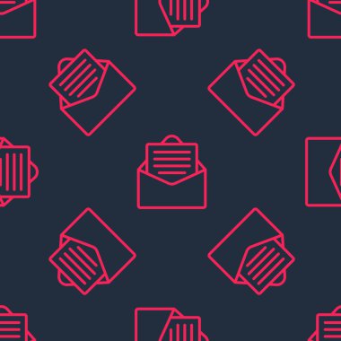 Kırmızı çizgi Zarfı 'nda noel partisi davetiye kartı simgesi var. Siyah arkaplanda kusursuz desen var. Mutlu Noeller ve mutlu yıllar. Vektör