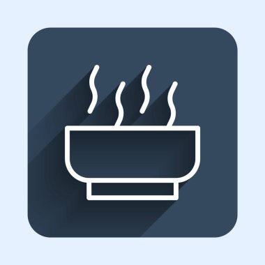 Erişte ikonlu, uzun gölgeli beyaz çizgili Ramen çorba kasesi. Bir kase geleneksel Asya erişte çorbası. Mavi kare düğme. Vektör