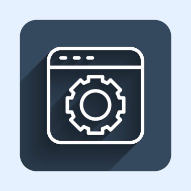 Beyaz çizgi Tarayıcı ayarı simgesi uzun gölge arkaplanı ile izole edildi. Ayarlama, servis, bakım, onarım, onarım. Mavi kare düğme. Vektör