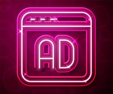 Parlayan neon hattı reklam simgesi kırmızı arkaplanda izole edildi. Pazarlama ve tanıtım süreci kavramı. İlgili reklamlar. Sosyal medya reklamcılığı. Vektör