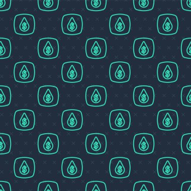 Dolar sembolü simgesi olan yeşil çizgi damlası mavi arka planda izole edilmiş pürüzsüz desen. Petrol fiyatı. Petrol ve petrol endüstrisi. Vektör