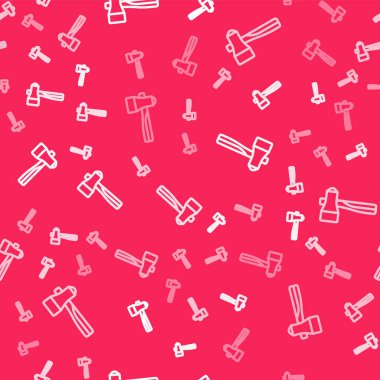 Beyaz çizgi çekiç simgesi kırmızı arkaplanda izole edilmiş. Tamir için bir araç. Vektör