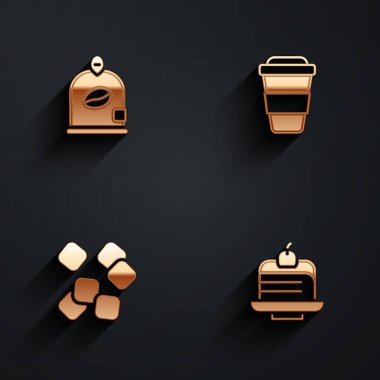 Bir torba kahve çekirdeği, paket kahve fincanı, şeker küpleri ve uzun gölgeli kek ikonu. Vektör