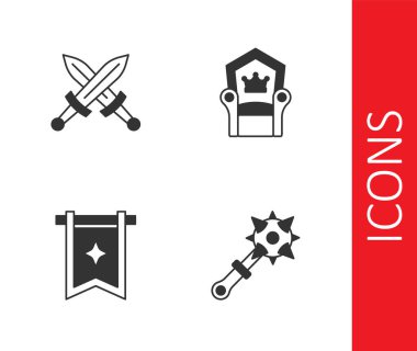 Dikenli topuz, çapraz ortaçağ kılıcı, ortaçağ bayrağı ve taht ikonu. Vektör