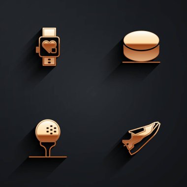 Akıllı saati kalple ayarla, hokey diski, golf topu ve uzun gölgeli spor ayakkabı ikonu. Vektör