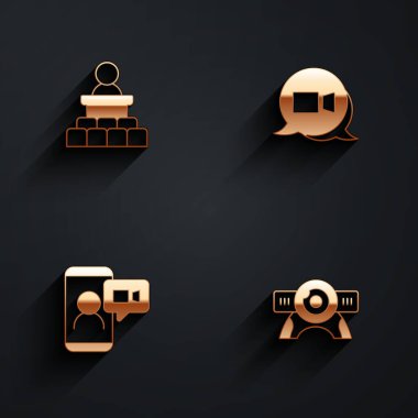 Hoparlörü ayarla, görüntülü sohbet konferansı ve uzun gölgeli web kamera simgesi. Vektör