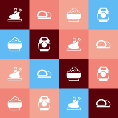 Kızarmış hindi ya da tavuk, suşi, pirinç ve Asya eriştesi karton kutu ikonu. Vektör