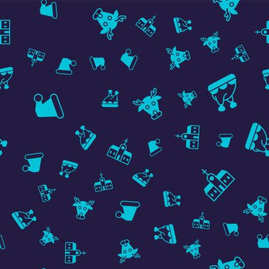 Noel Baba şapkası, kızarmış hindi ya da tavuk, ren geyiği ve kilise binasını kusursuz bir şablona ayarlayın. Vektör