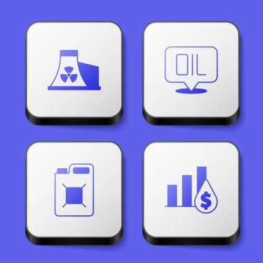 Nükleer enerji santrali, Kelime yağı benzin bidonu benzin, turta şeması ve dolar ikonu. Beyaz kare düğme. Vektör