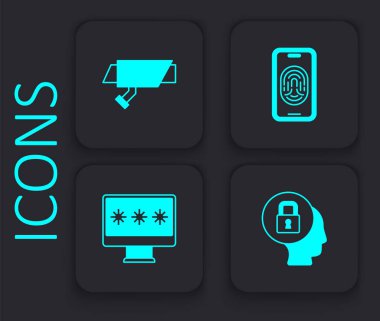 Kilit, güvenlik kamerası, parmak izi tarayıcısı ve Monitör şifre simgesi olan mobil kamera ayarlayın. Siyah kare düğme. Vektör