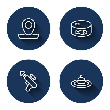 Olta atma, konserve, zıpkınla balık tutma ve uzun gölgeli suda yüzme. Mavi daire düğmesi. Vektör