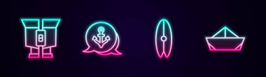 Dürbün, Anchor, Sörf tahtası ve Katlanmış Kağıt Tekne. Parlayan neon ikonu. Vektör